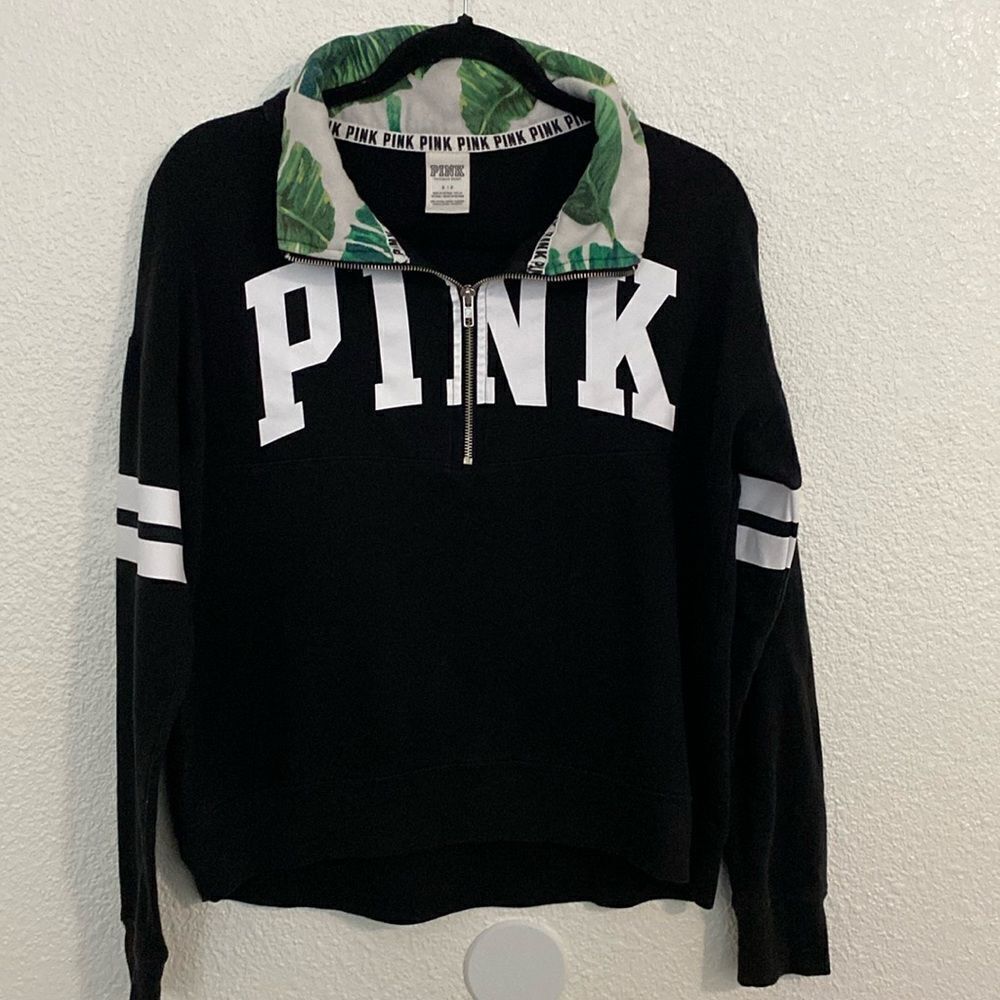 PINK-Black 1/4 zip sweater with tropical collar- Size Small